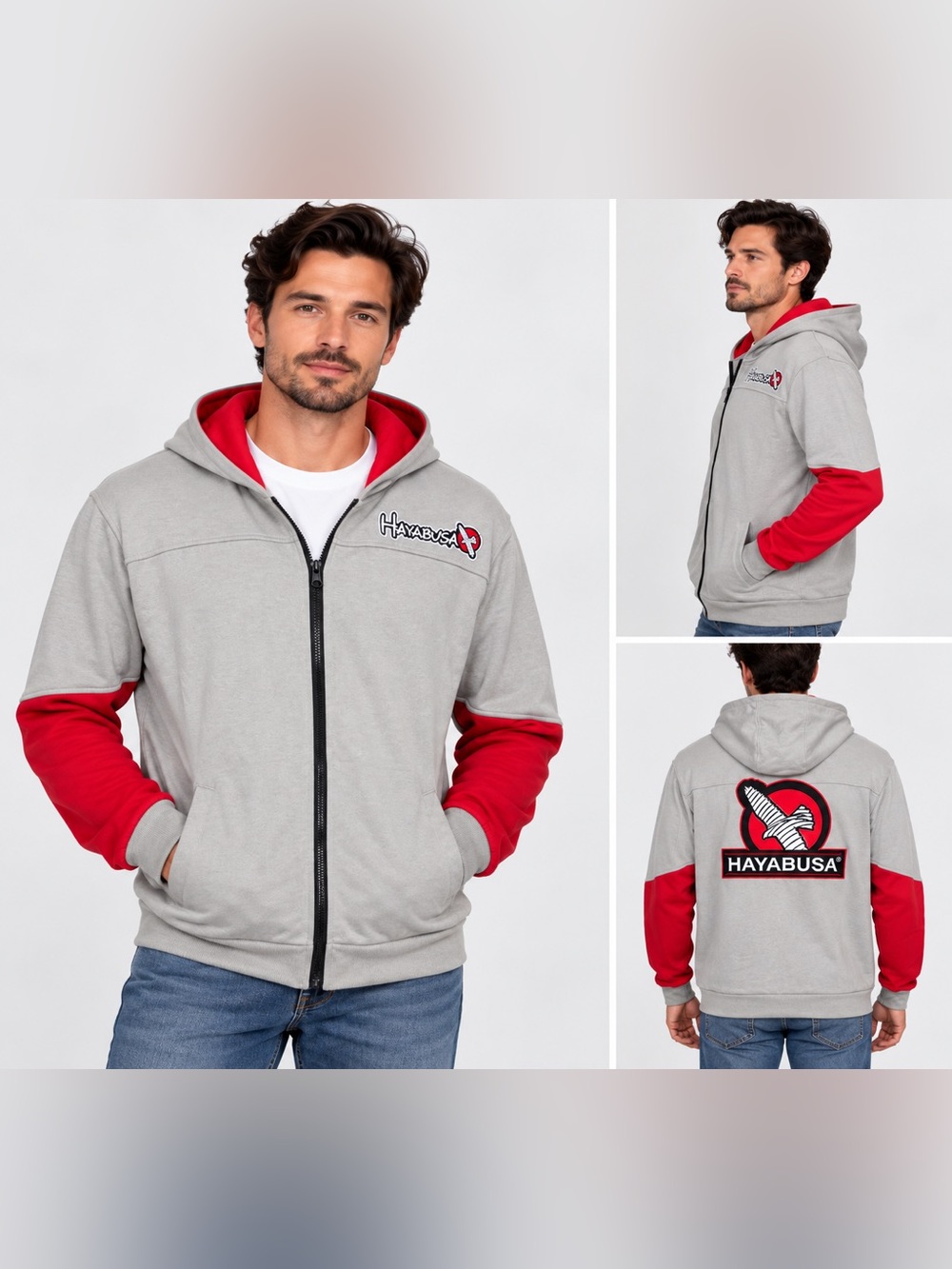 Hayabusa Fightwear Men’s XL Gray Red Full Zip Graphic Logo Hoodie